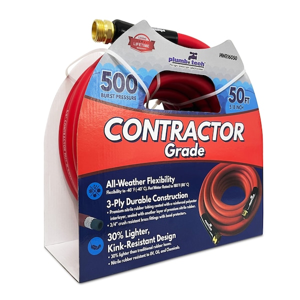 Plumb Tech 5/8 in ID x 50 ft L Water Hose, Nitrile Tube, Red HWE16050 - main